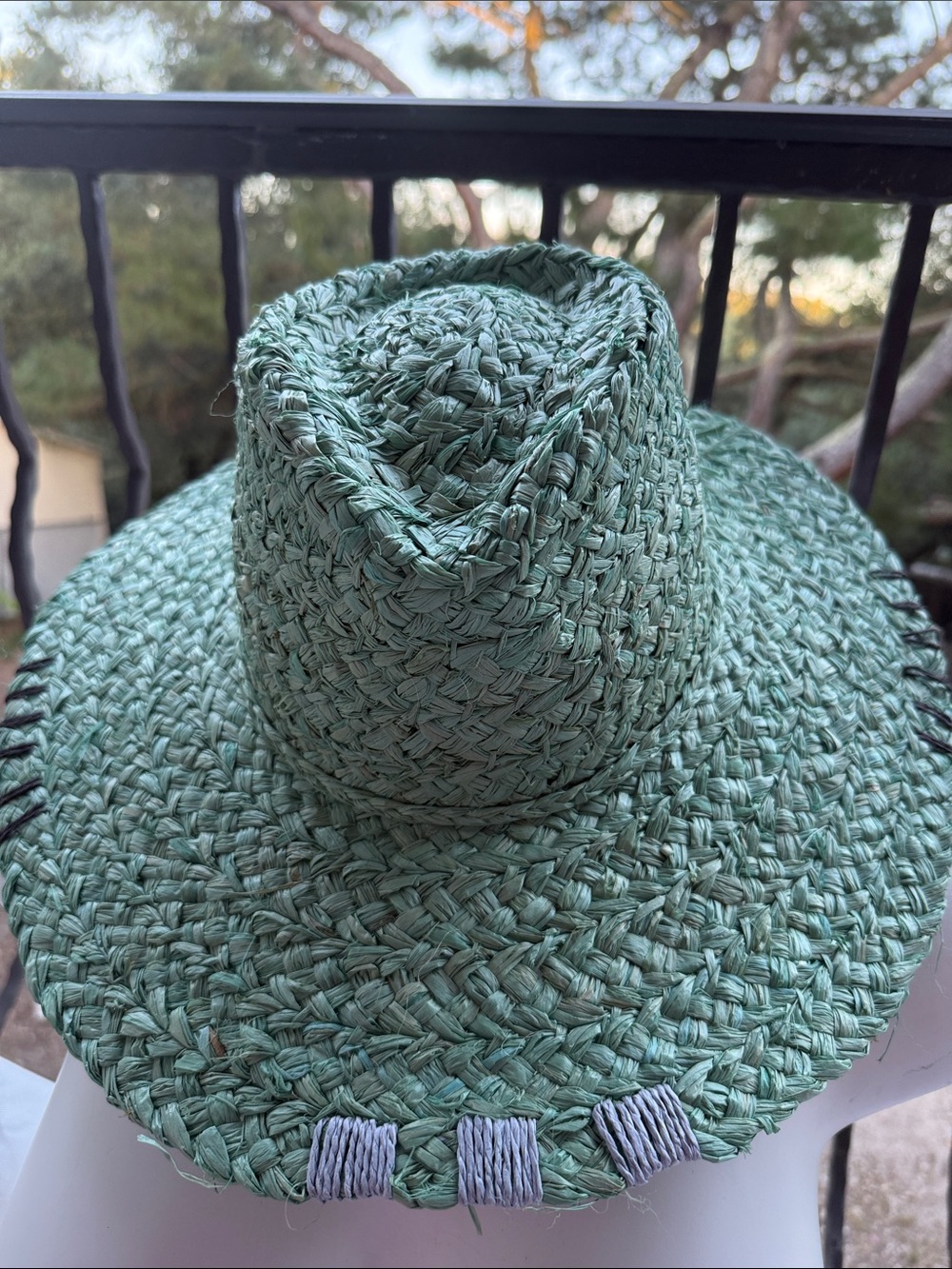 NWT Green Sunhat hat Straw 100% paper‎ hand Stitching details OS rancher floppy